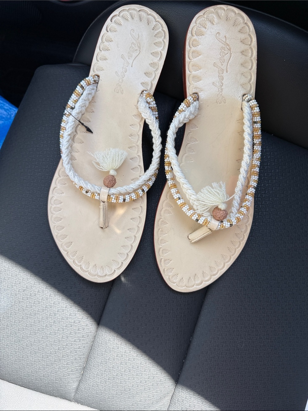 Free People Cream Beaded Tassel Sandals